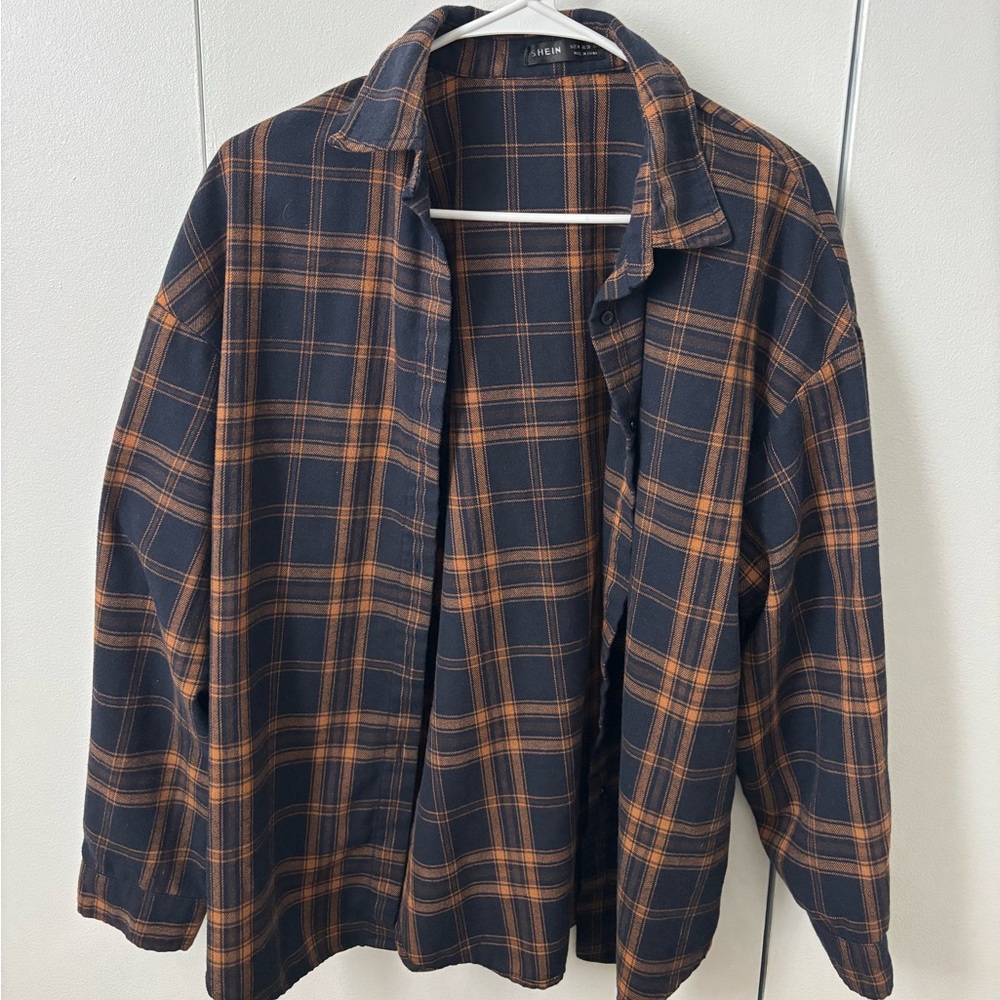 SHEIN navy blue and brown/orange plaid button-up flannel